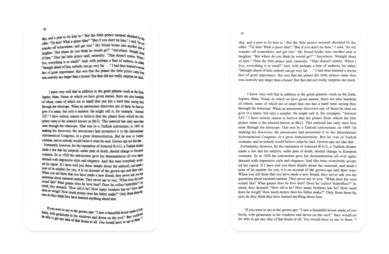 A curved page photographed from an open book, beside the same page de-warped into a flat scan.
