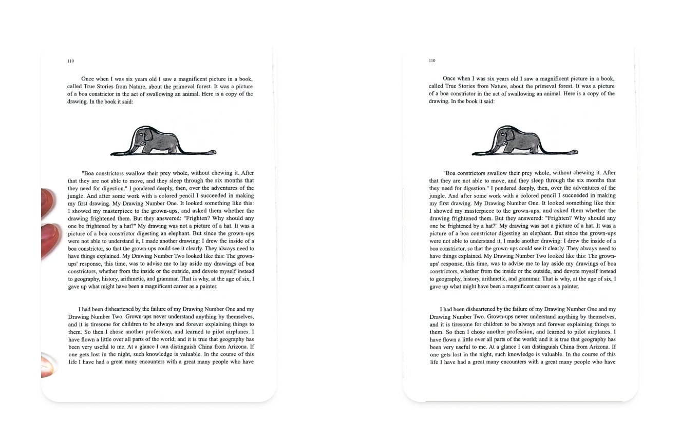 A page held down with fingertips at the edge, beside the same scan with the fingers removed.