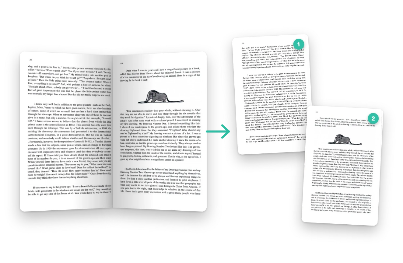 An open book spread photographed as one shot, beside the same spread split into two flat, numbered pages.