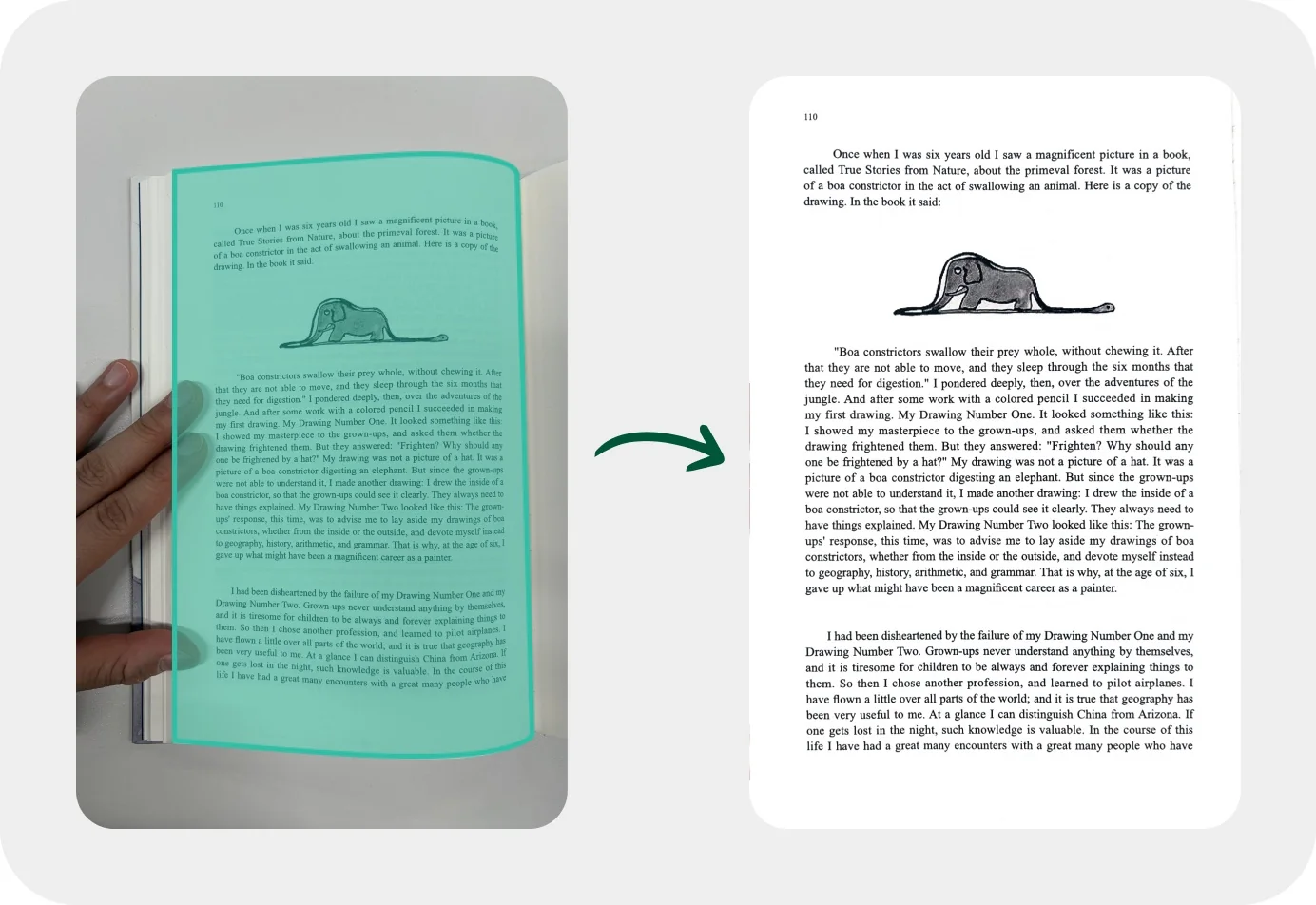 An open book photographed with vFlat outlining the page, beside the same page exported as a flat, evenly-lit scan.